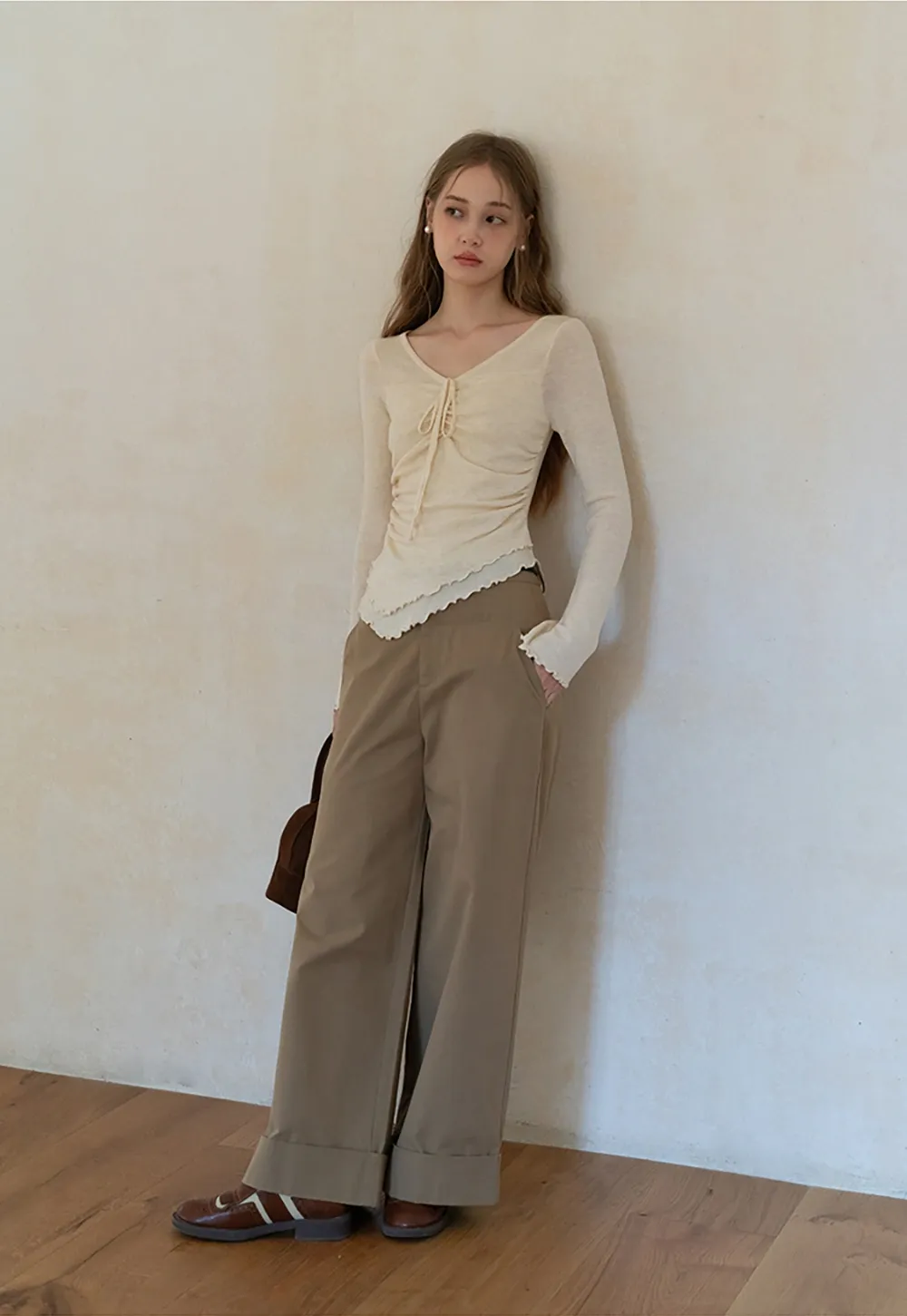 Ruched V Neck Long Sleeve Top