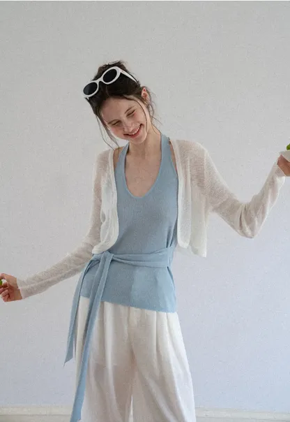 Knit Halter Top with Waist Tie