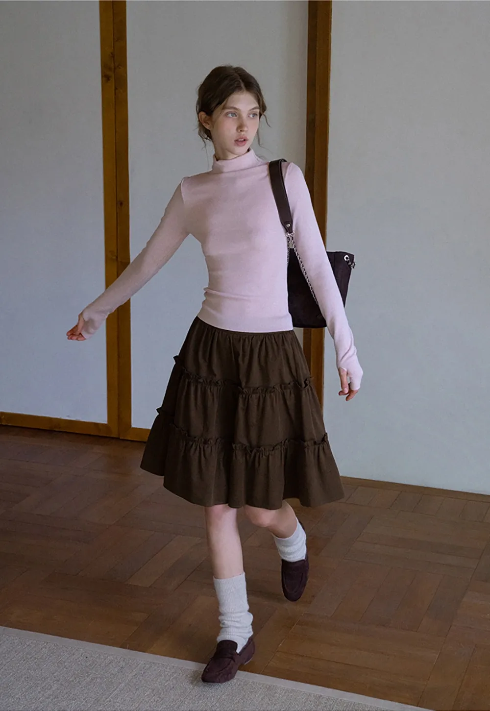 Casual Flared Midi Skirt with Layered Ruffle Detail