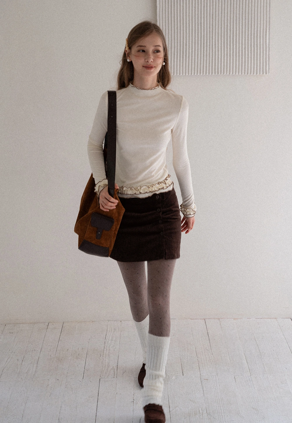 Ruffle Trim Mock Neck Long Sleeve Top