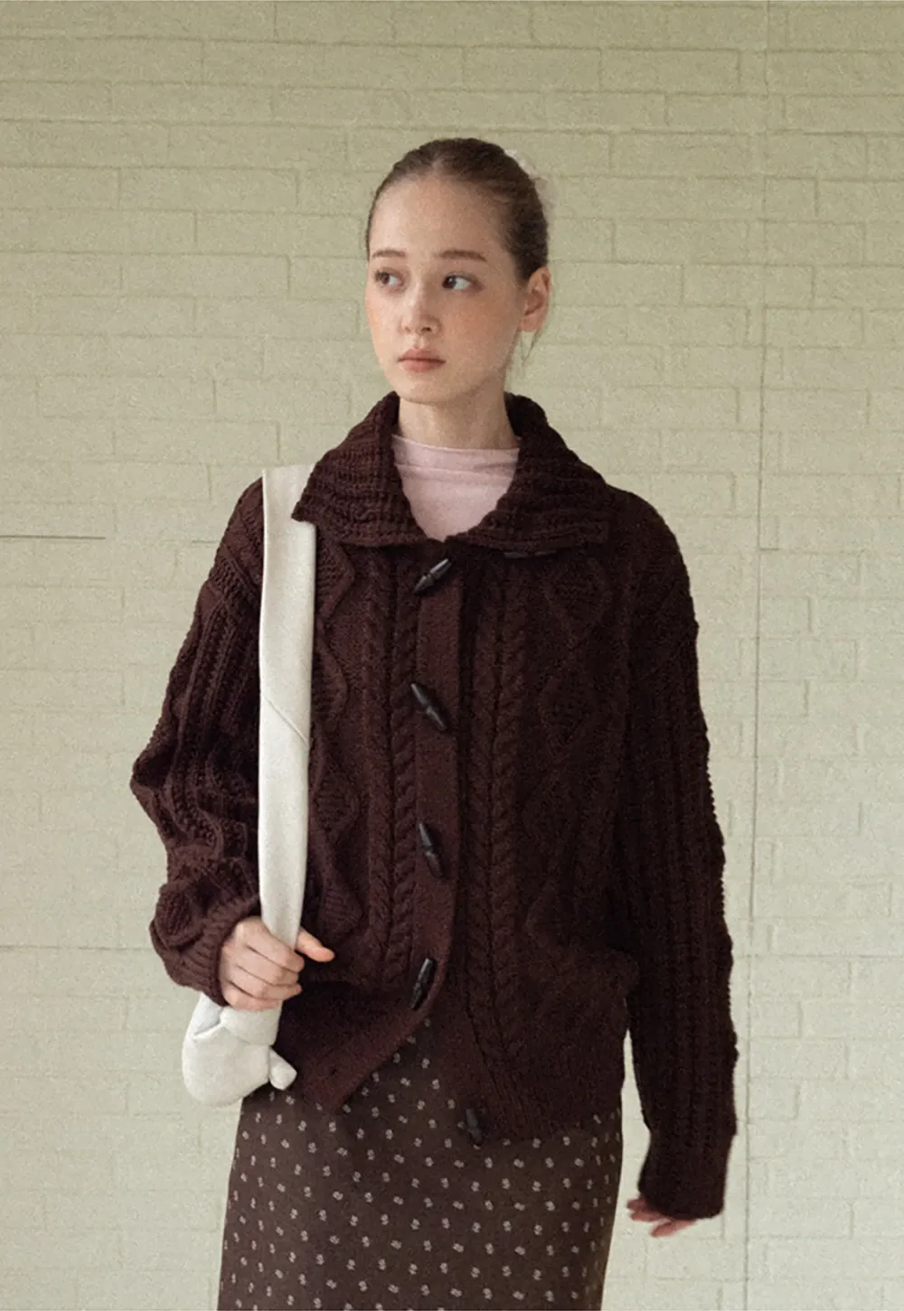 Loose Fit Turtleneck Sweater Cardigan with Cable Knit and Toggle Closure