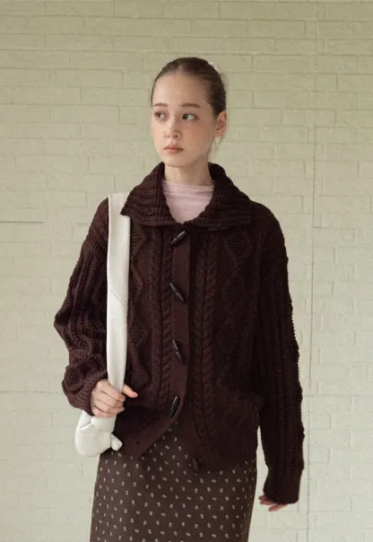 Loose Fit Turtleneck Sweater Cardigan with Cable Knit and Toggle Closure