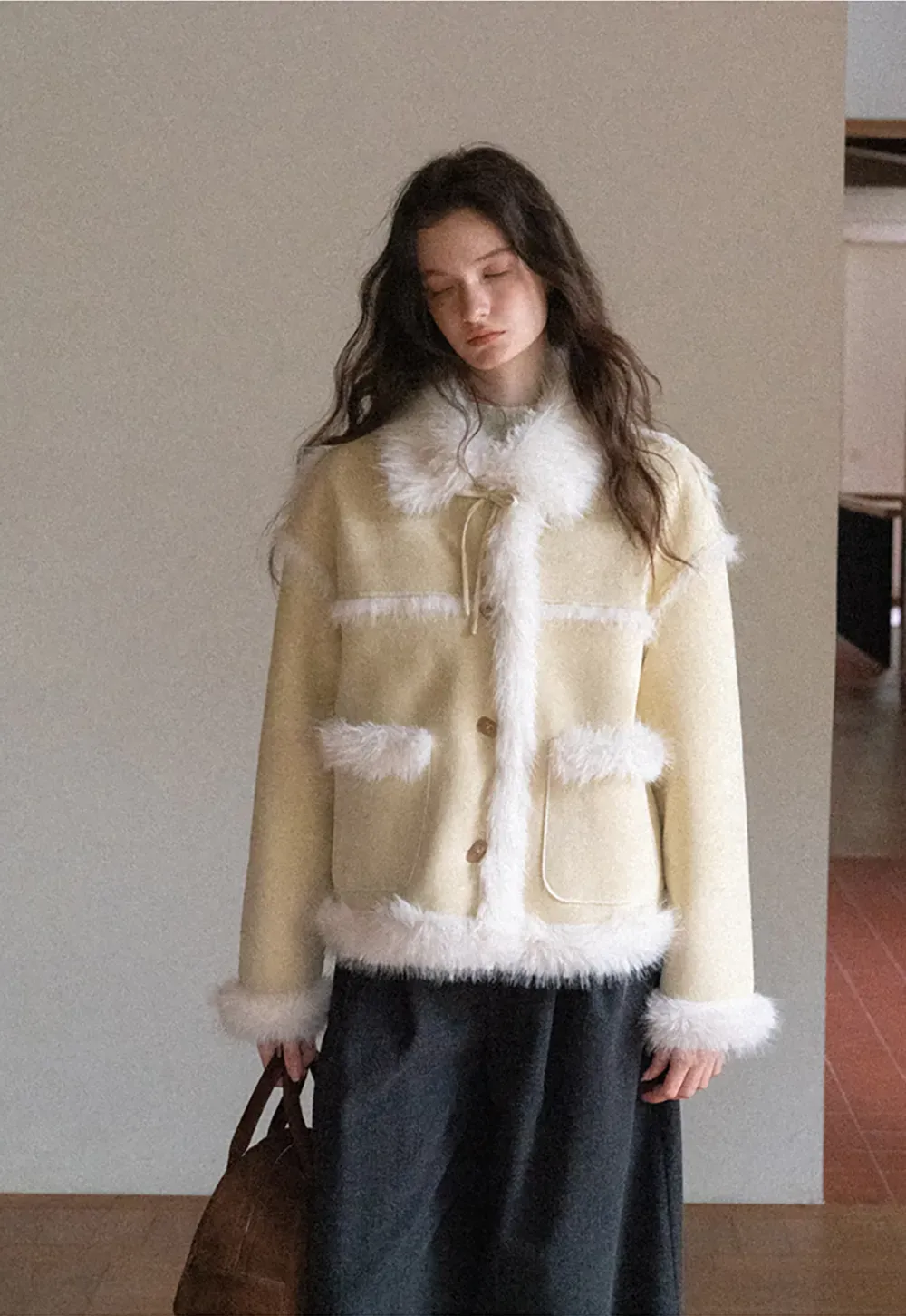 Faux Suede Jacket with Faux Fur Trim