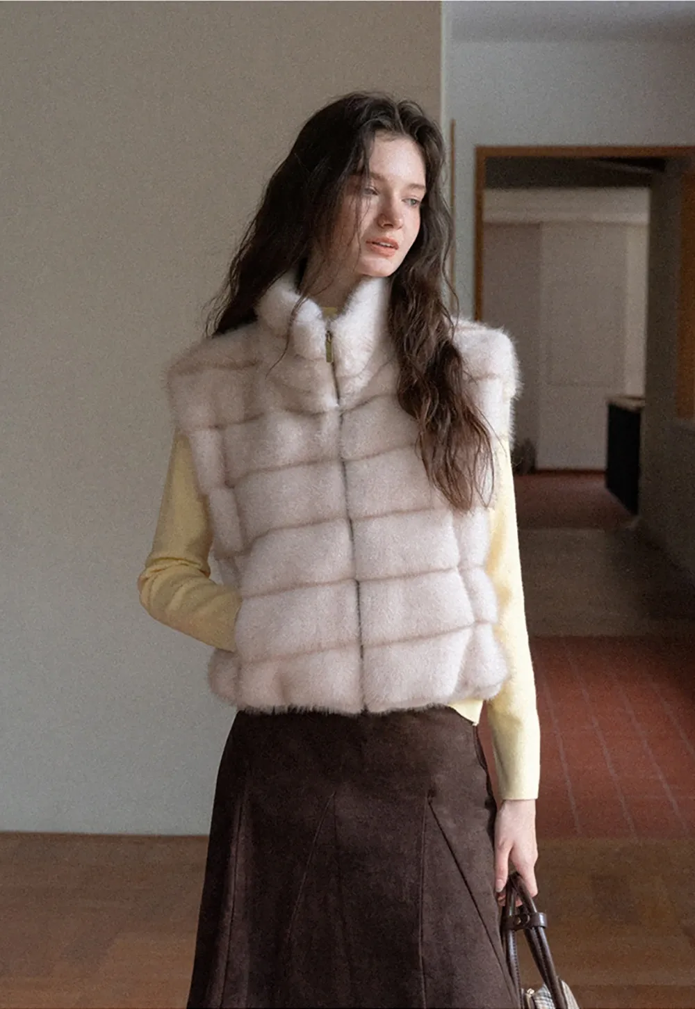 Layered Fuzzy Stand-Collar Vest