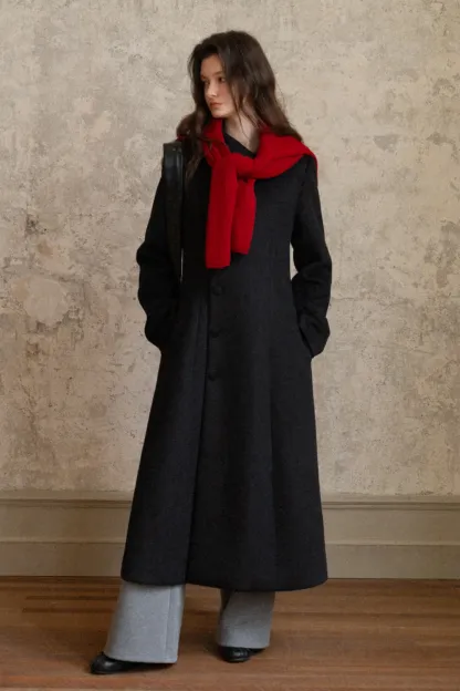 Womens Chic A-Line Buttoned Long Wool Coat