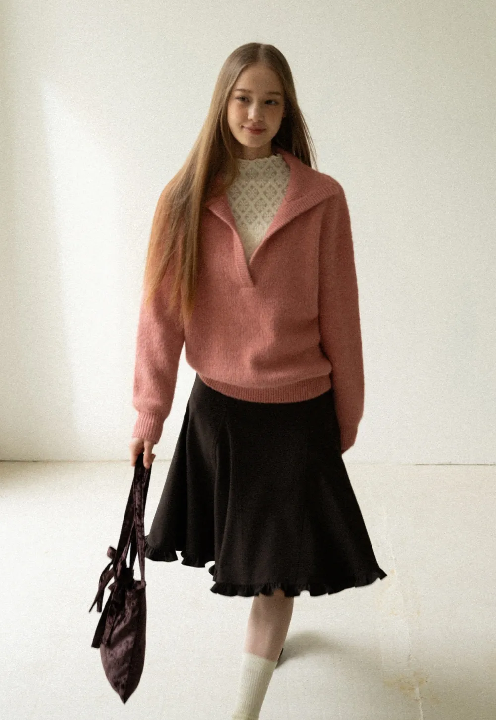 Elegant White Floral Lace Knit Long Sleeve Blouse