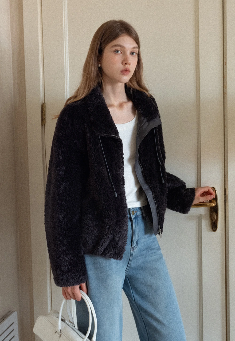 Wide-Leg Denim Jeans with Belt and Charm Detail