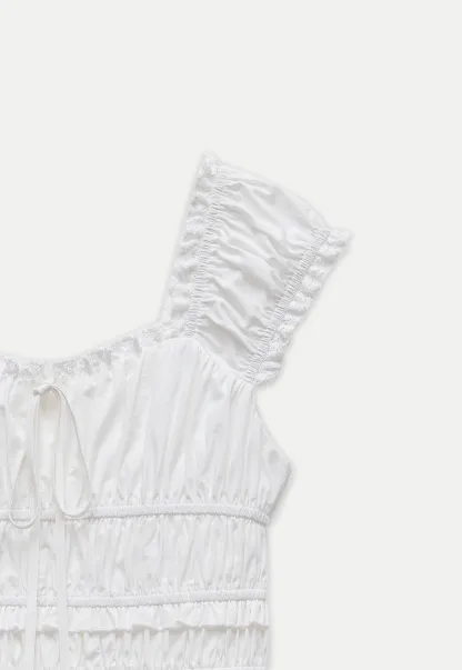Women’s White Ruched Puff Sleeve Dress