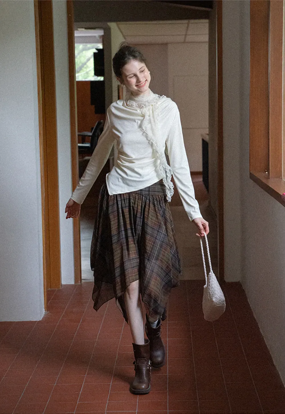 Women's Asymmetrical Plaid Midi Skirt 