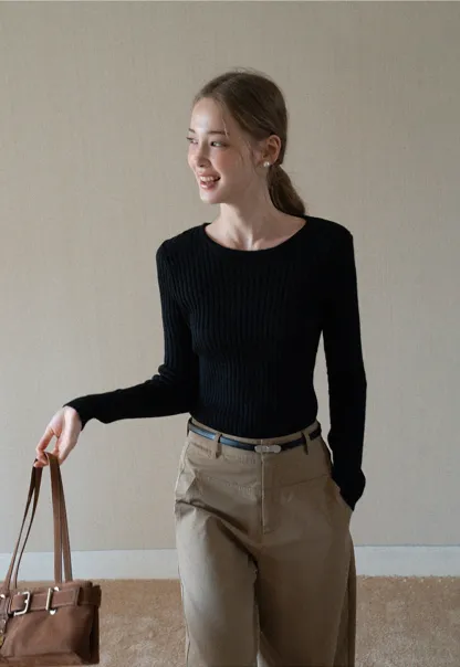 Womens Ribbed Crew Neck Long Sleeve Knit Top