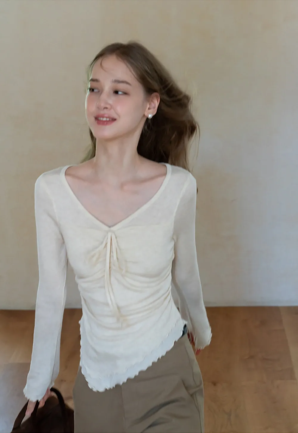 Ruched V Neck Long Sleeve Top