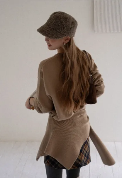 Women Faux Layered Sweater with Scarf Collar