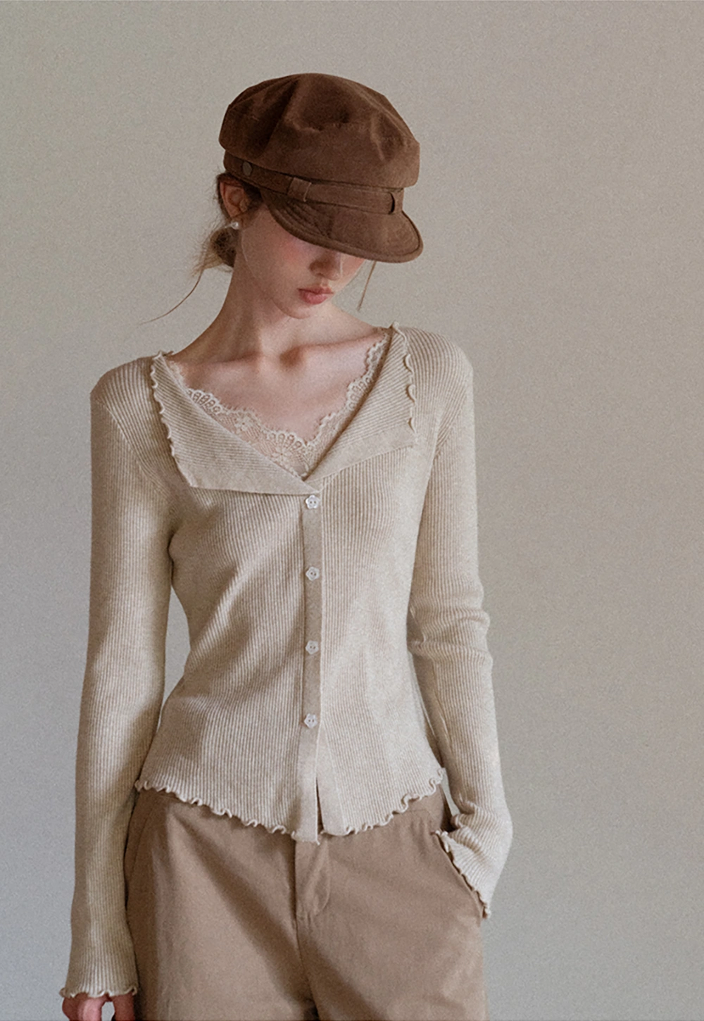 Lace Trim Ribbed Knit Top