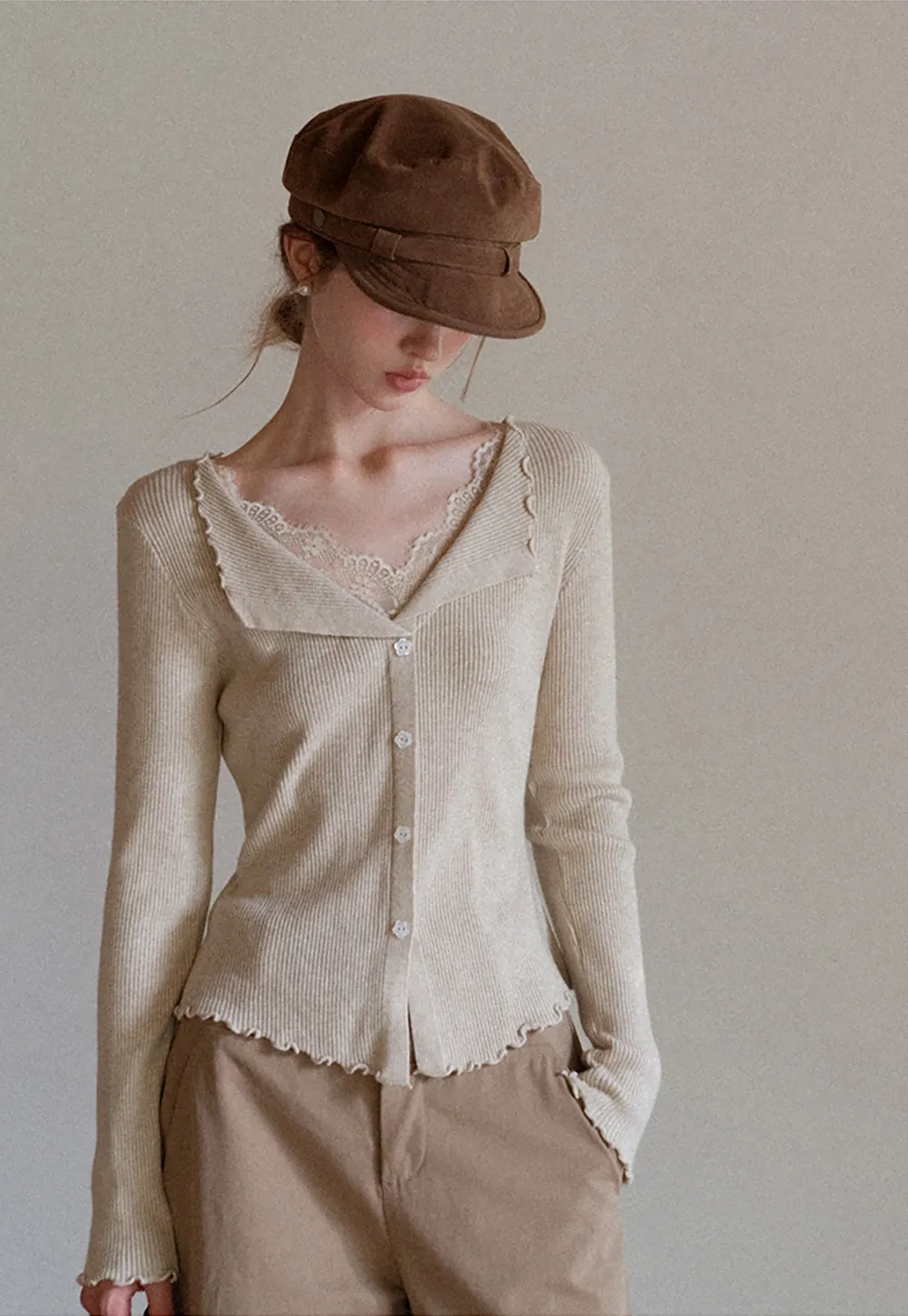 Lace Trim Ribbed Knit Top