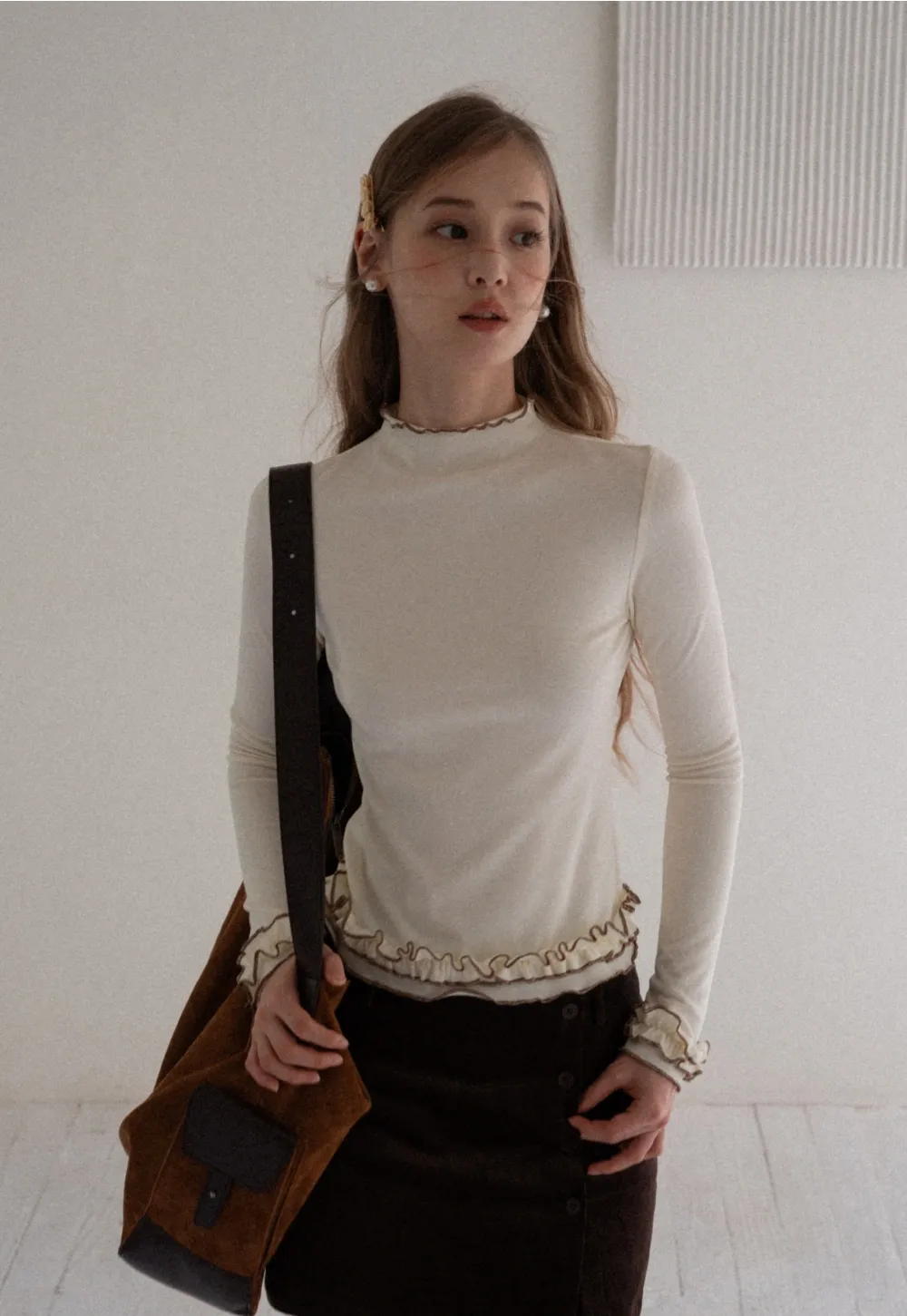 Ruffle Trim Mock Neck Long Sleeve Top