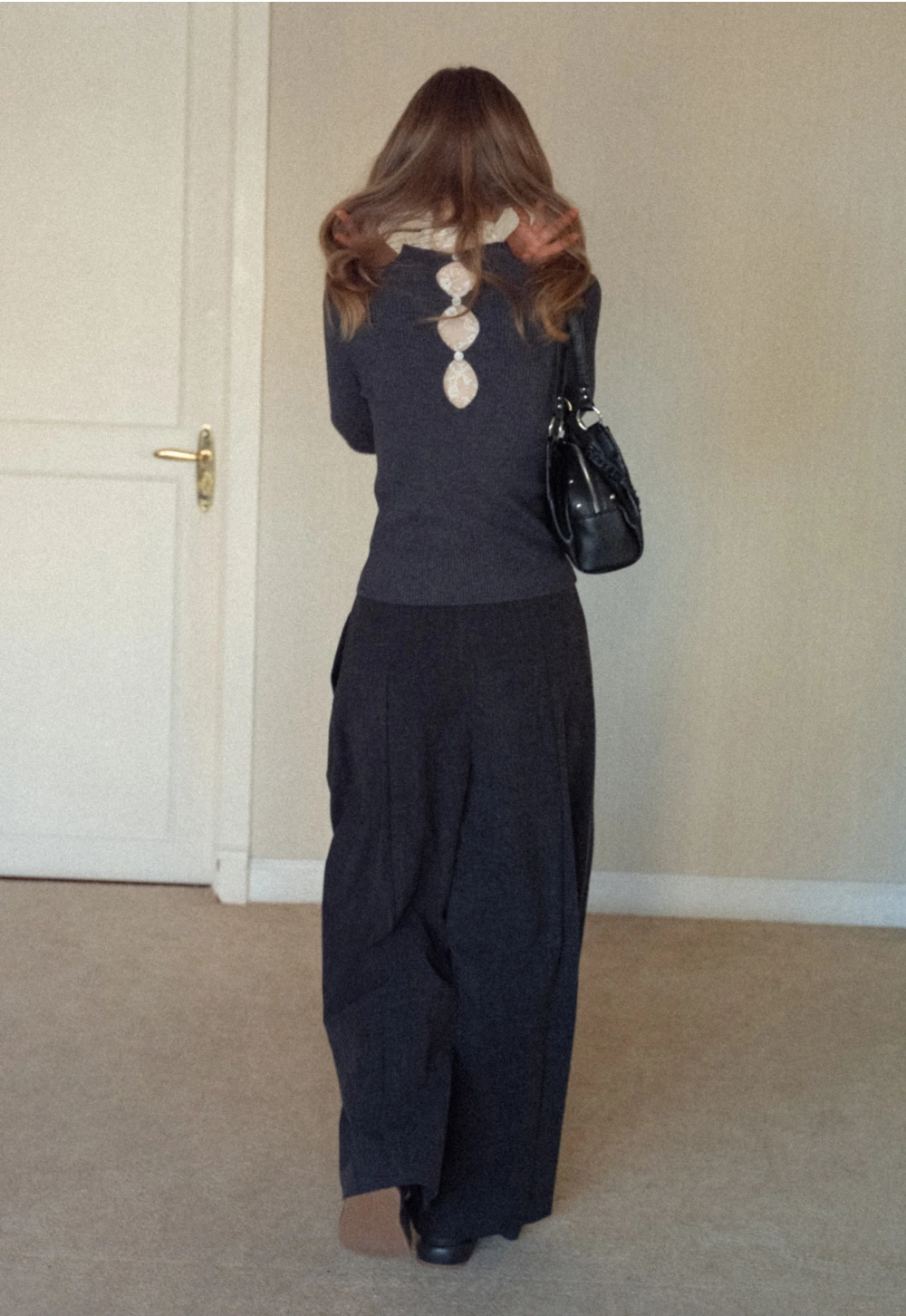 Womens Ribbed Mock Neck Top with Lace Buttons