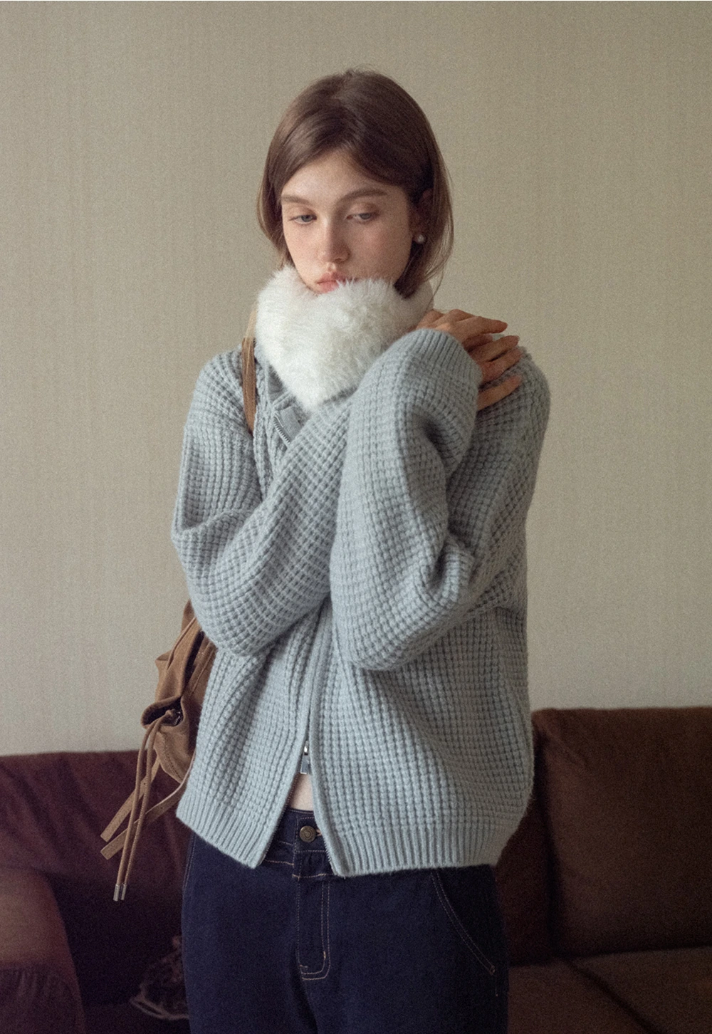 Womens Zip-up Waffle Knit Hoodie