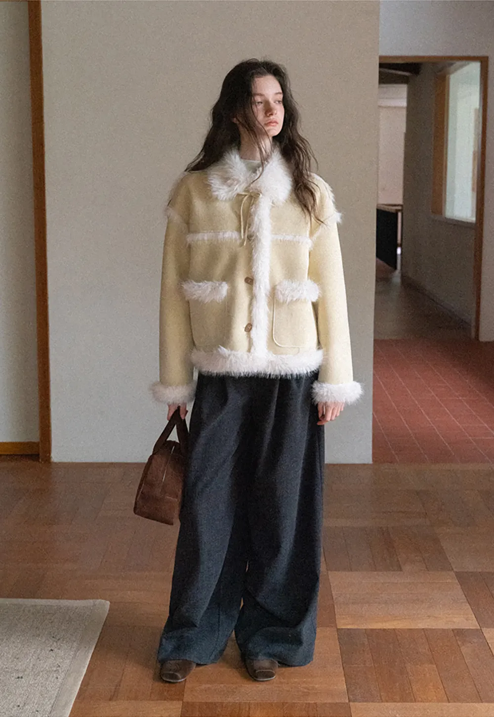 Faux Suede Jacket with Faux Fur Trim