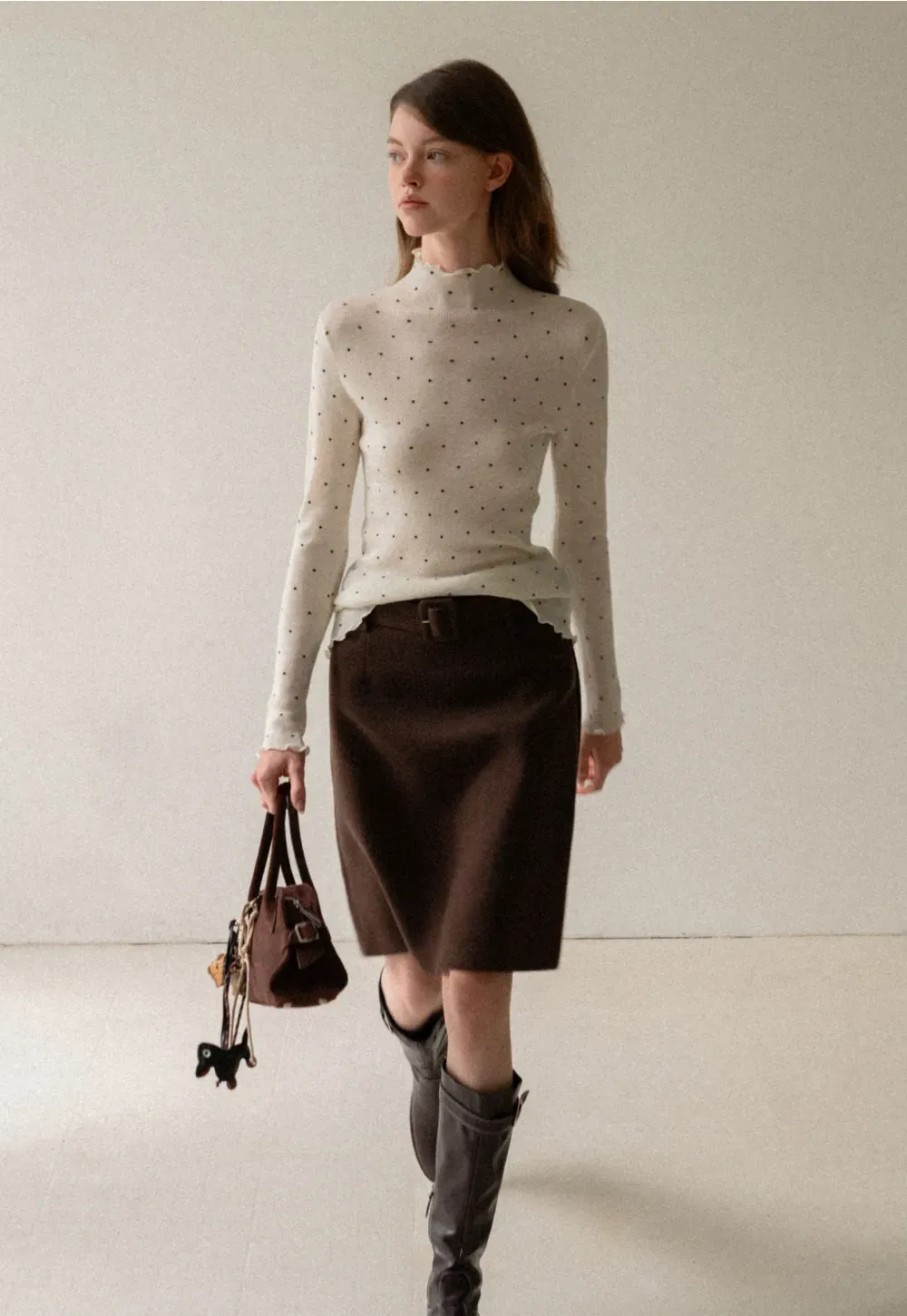 Wool Belted A-Line Mini Skirt in Charcoal