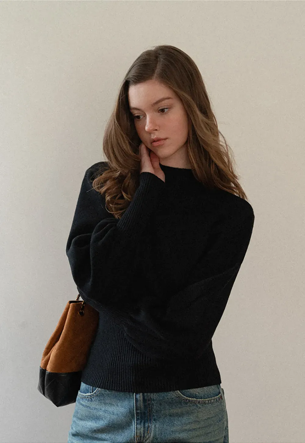 Ribbed High-Neck Sweater with Balloon Sleeves