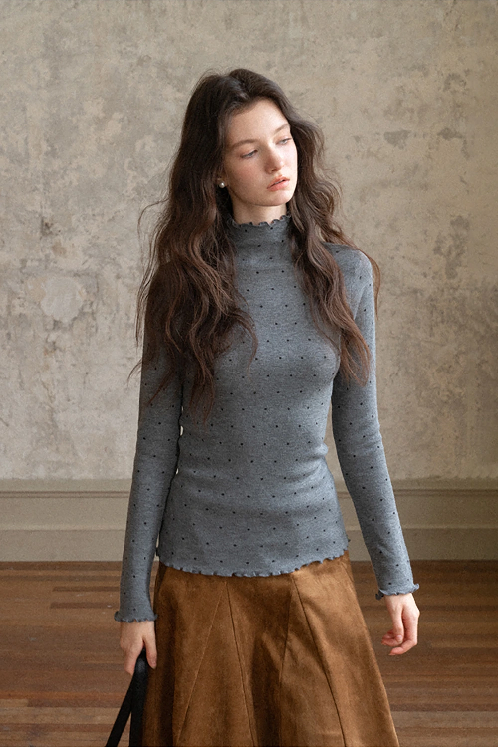 Polka Dot High Neck Ruffle Knit Top