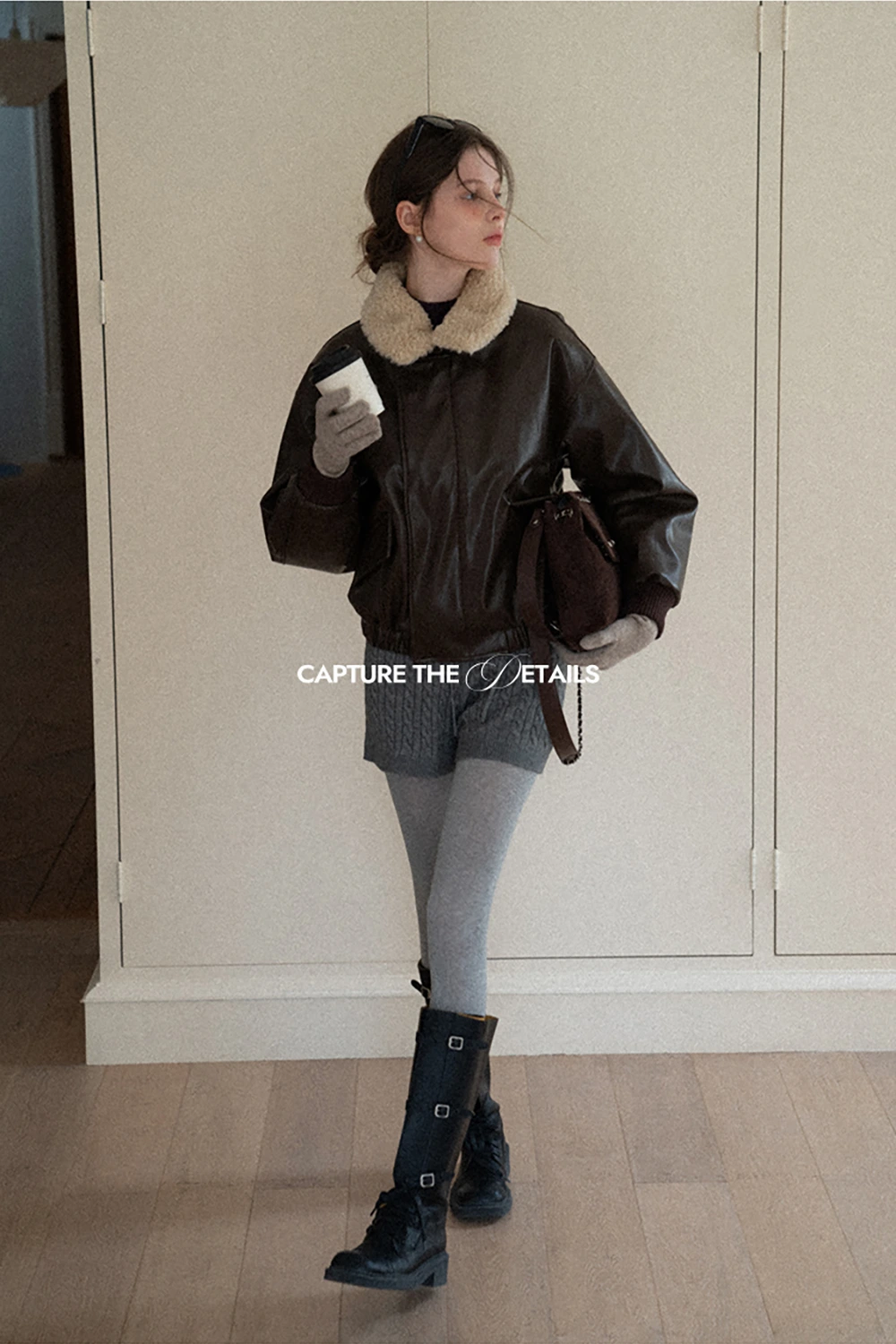Faux Leather Bomber Jacket with Fur Collar