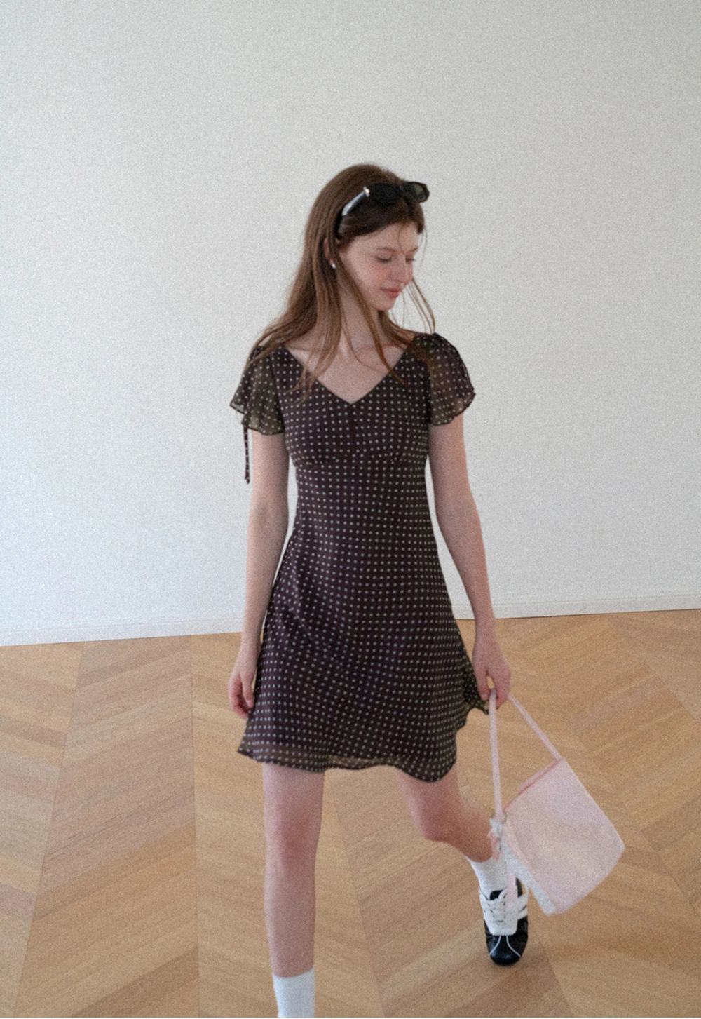 Polka Dot V Neck Tie Sleeve A Line Dress
