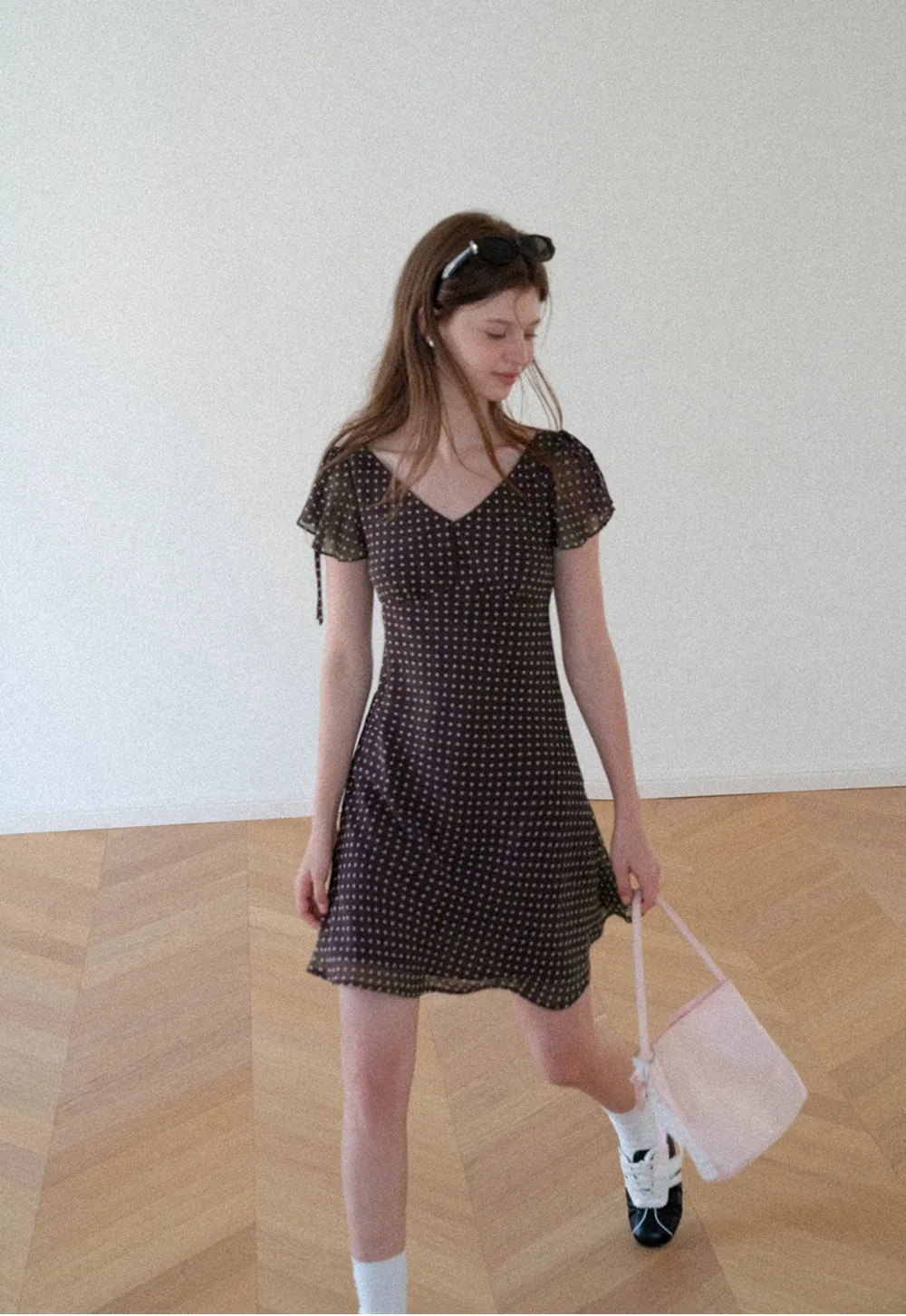 Polka Dot V Neck Tie Sleeve A Line Dress
