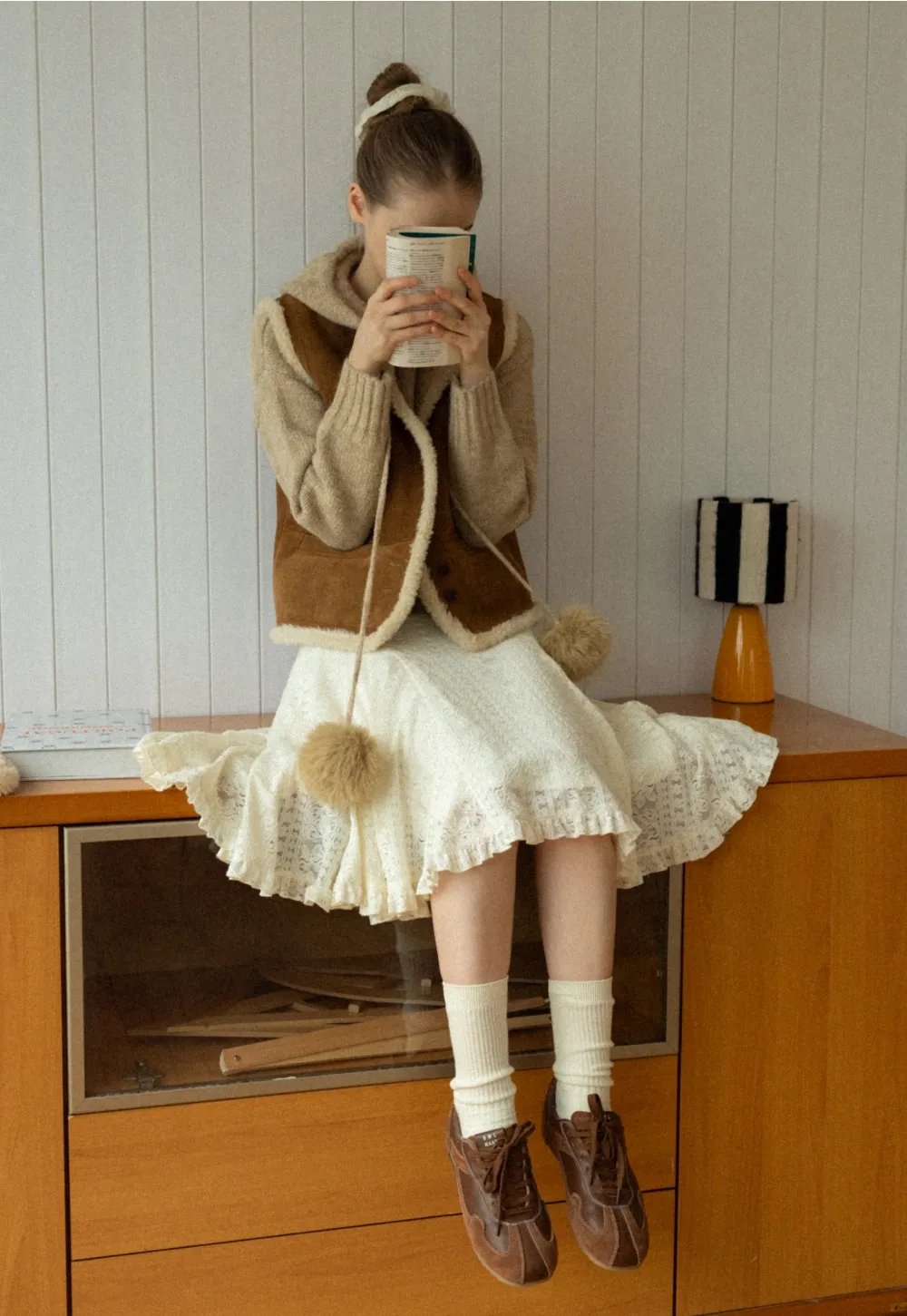 Women Brown Suede Shearling Vest with Warm Fleece Lining