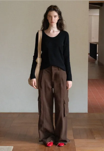 Women Brown Wide-Leg Cargo Pants with Pockets