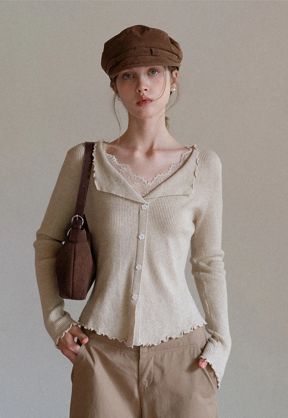 Lace Trim Ribbed Knit Top