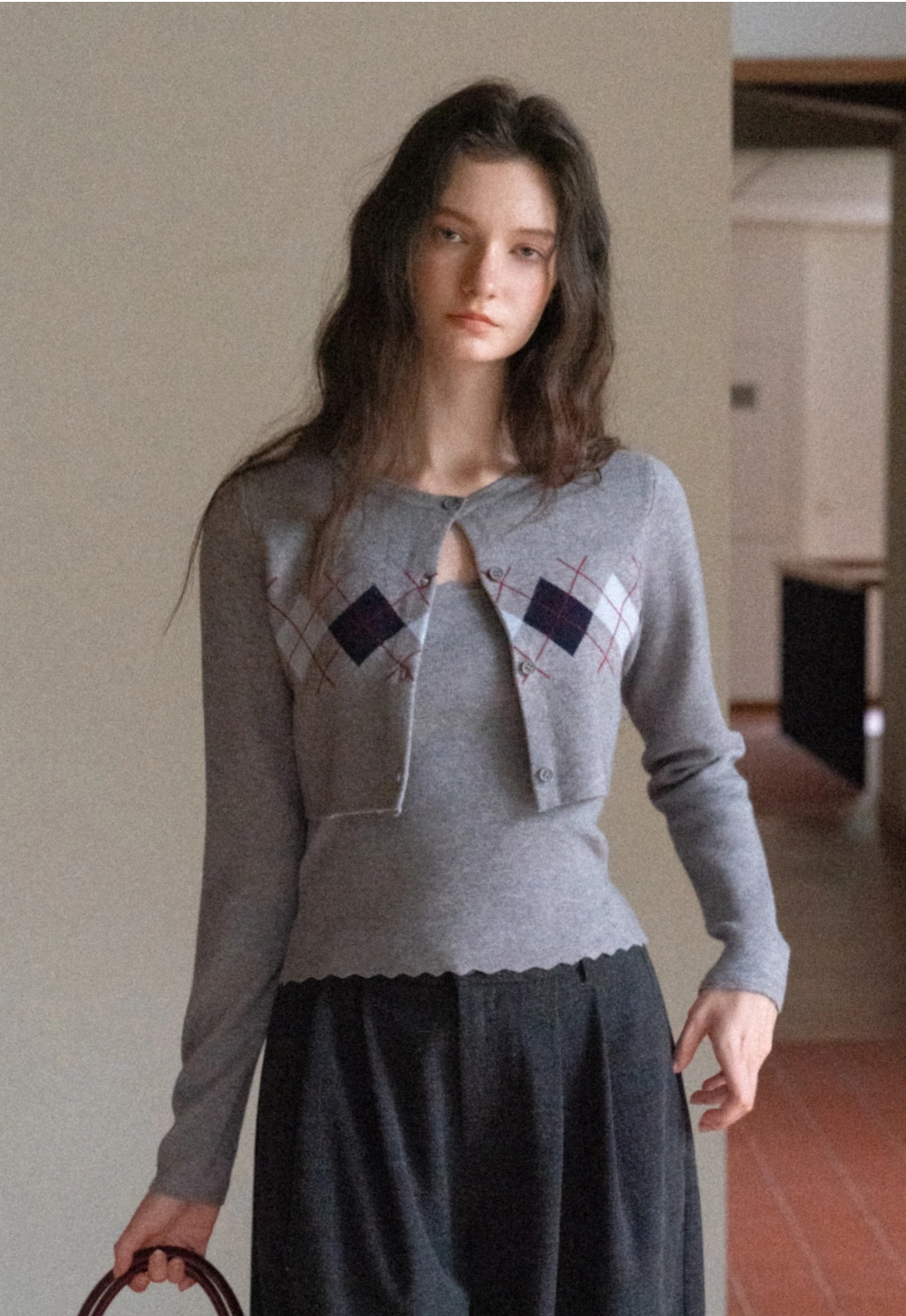 Women Red Tank Top and Argyle Cardigan Set