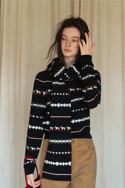 Christmas Knit Scarf With Reindeer Pattern