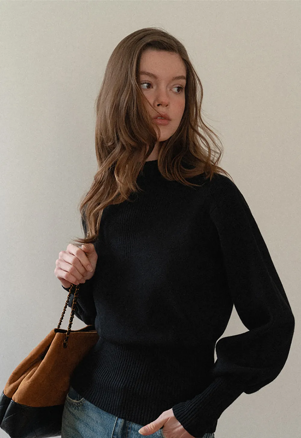 Ribbed High-Neck Sweater with Balloon Sleeves
