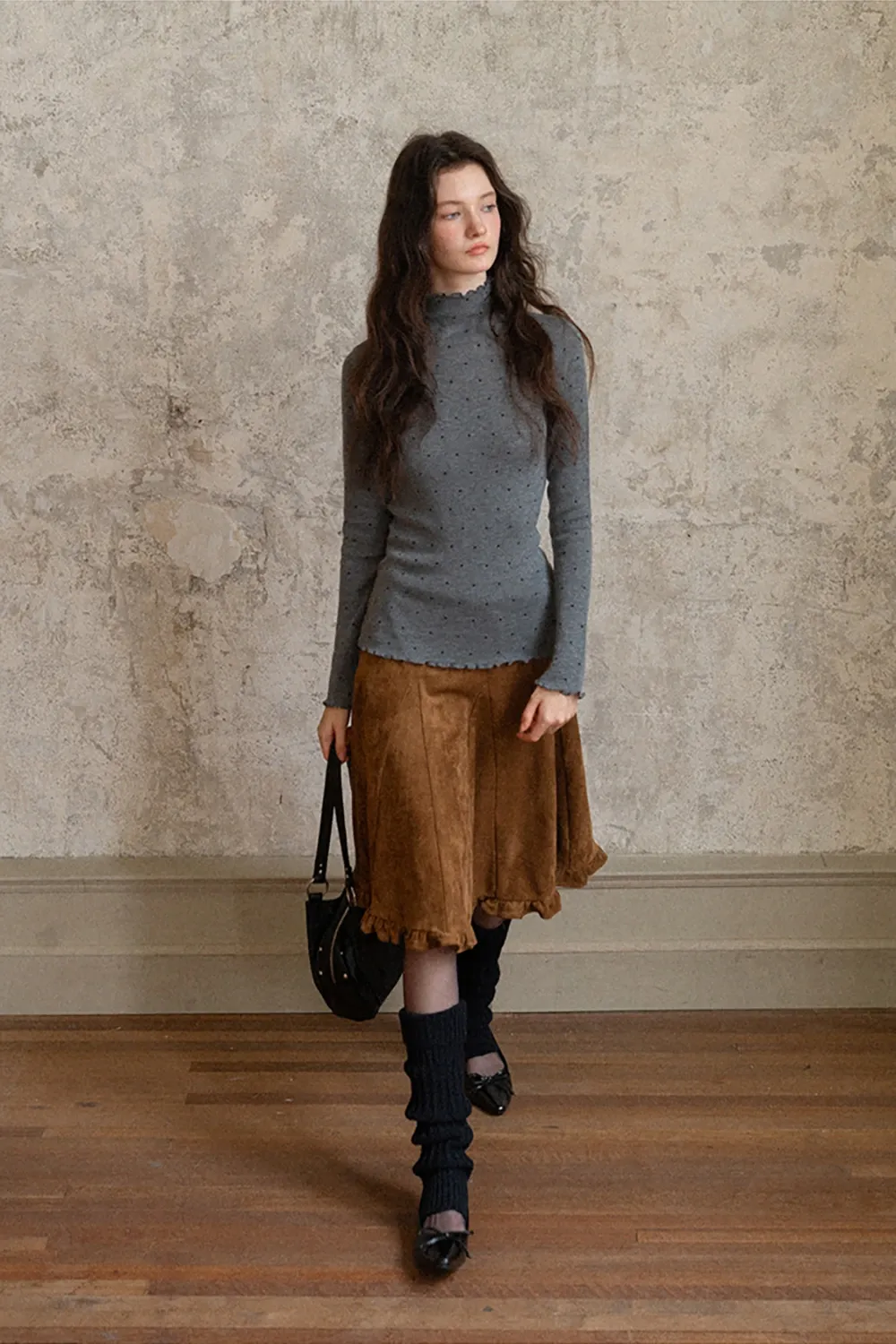 Polka Dot High Neck Ruffle Knit Top