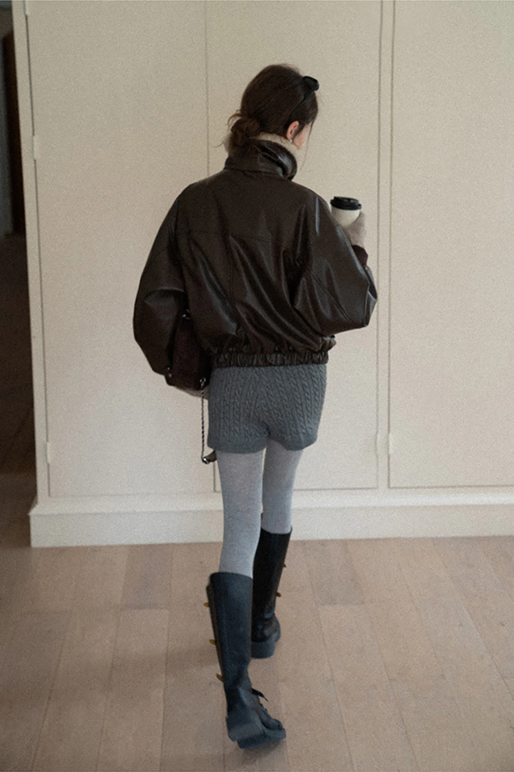 Faux Leather Bomber Jacket with Fur Collar