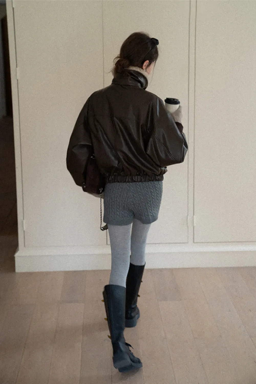 Faux Leather Bomber Jacket with Fur Collar