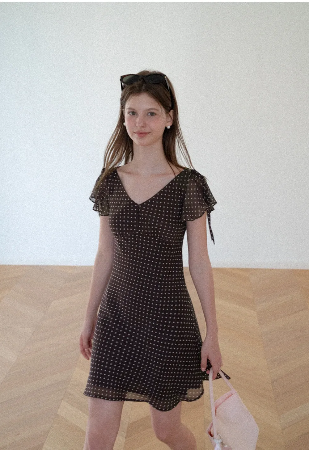 Polka Dot V Neck Tie Sleeve A Line Dress