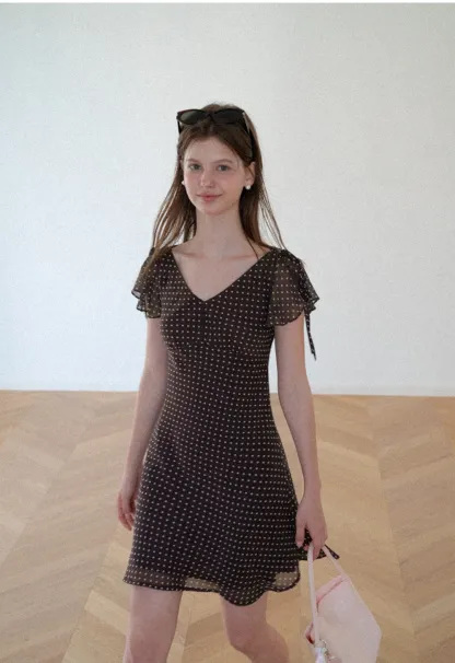 Polka Dot V Neck Tie Sleeve A Line Dress