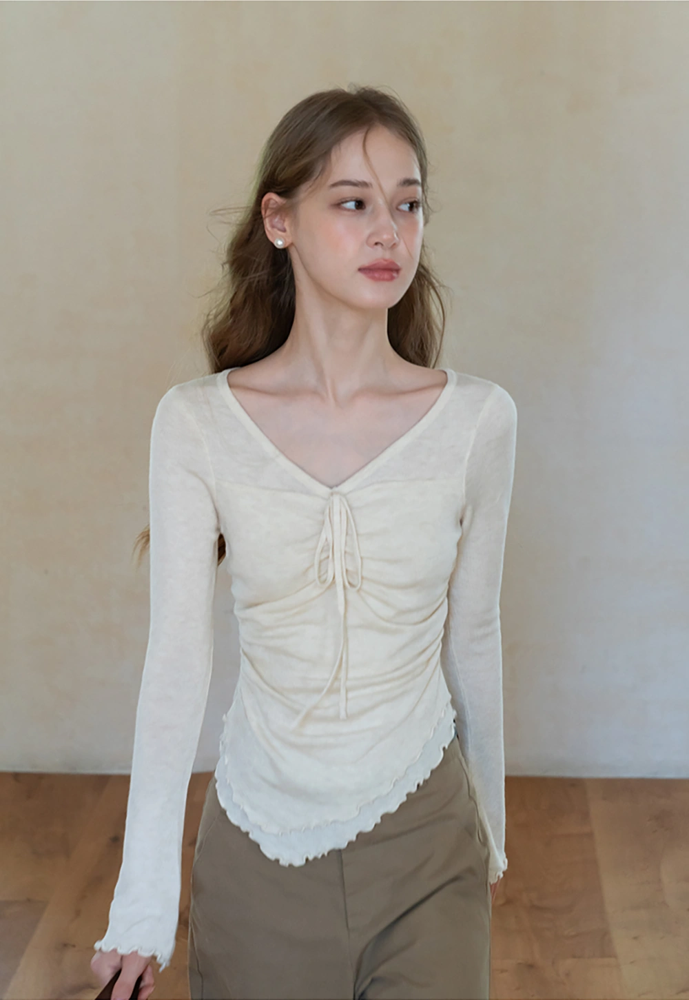 Ruched V Neck Long Sleeve Top