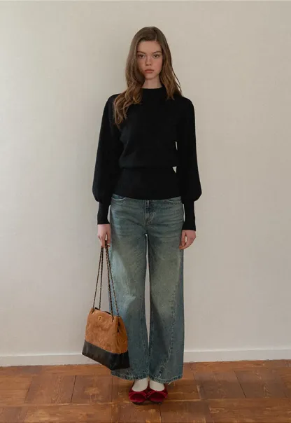 Ribbed High-Neck Sweater with Balloon Sleeves