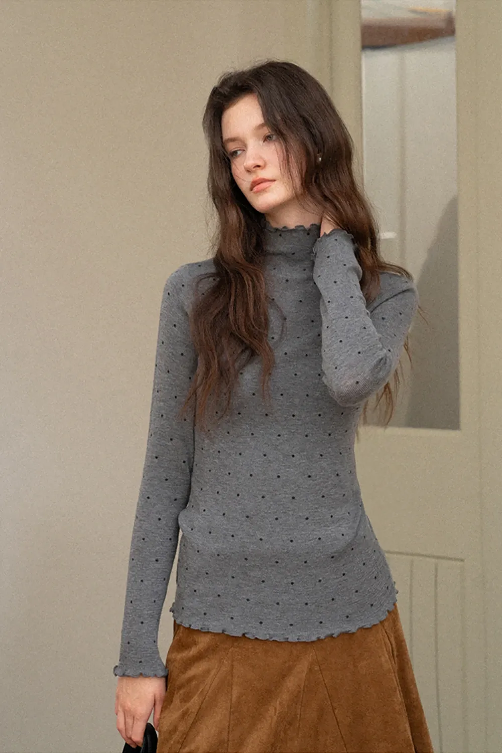 Polka Dot High Neck Ruffle Knit Top