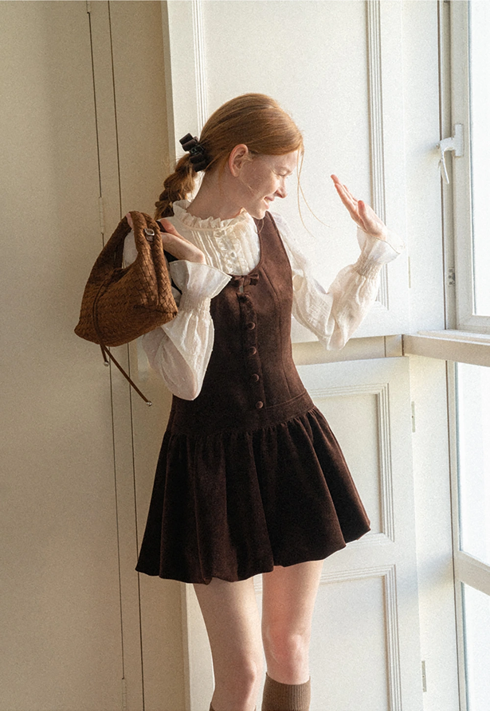 Ruffled Collar Smocked Waist Blouse