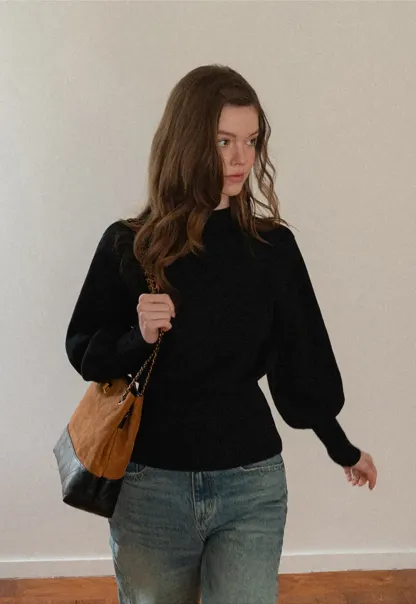 Ribbed High-Neck Sweater with Balloon Sleeves