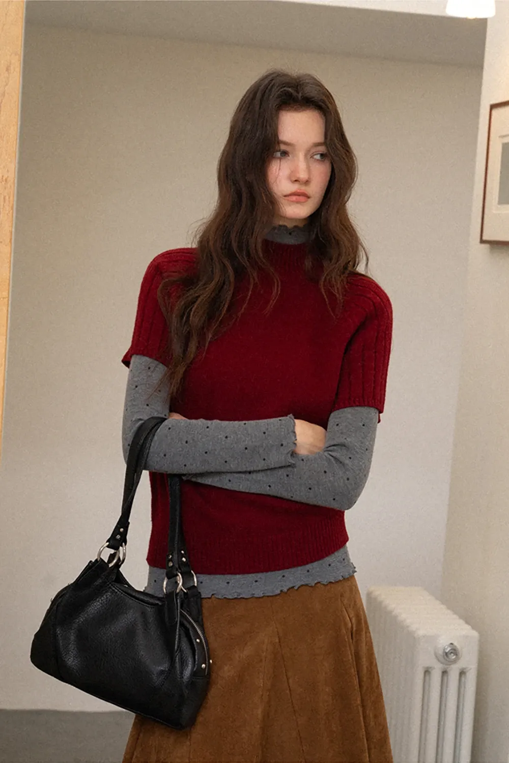 Polka Dot High Neck Ruffle Knit Top