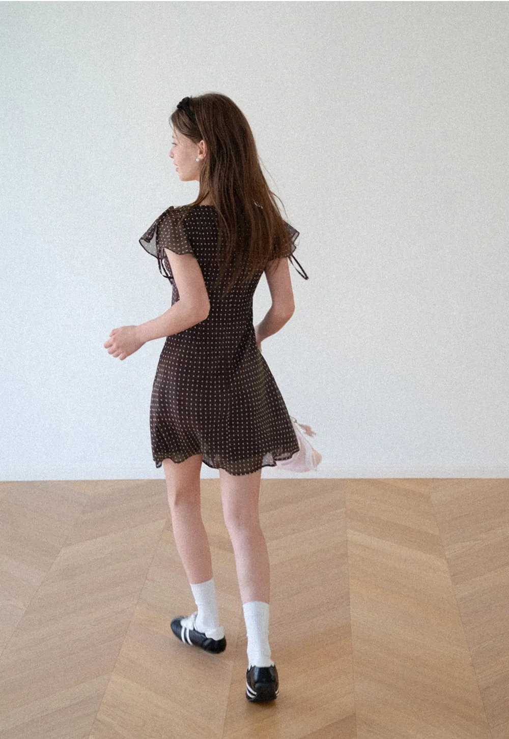 Polka Dot V Neck Tie Sleeve A Line Dress