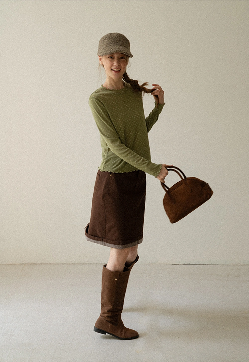 Rolled Hem Denim A-Line Skirt