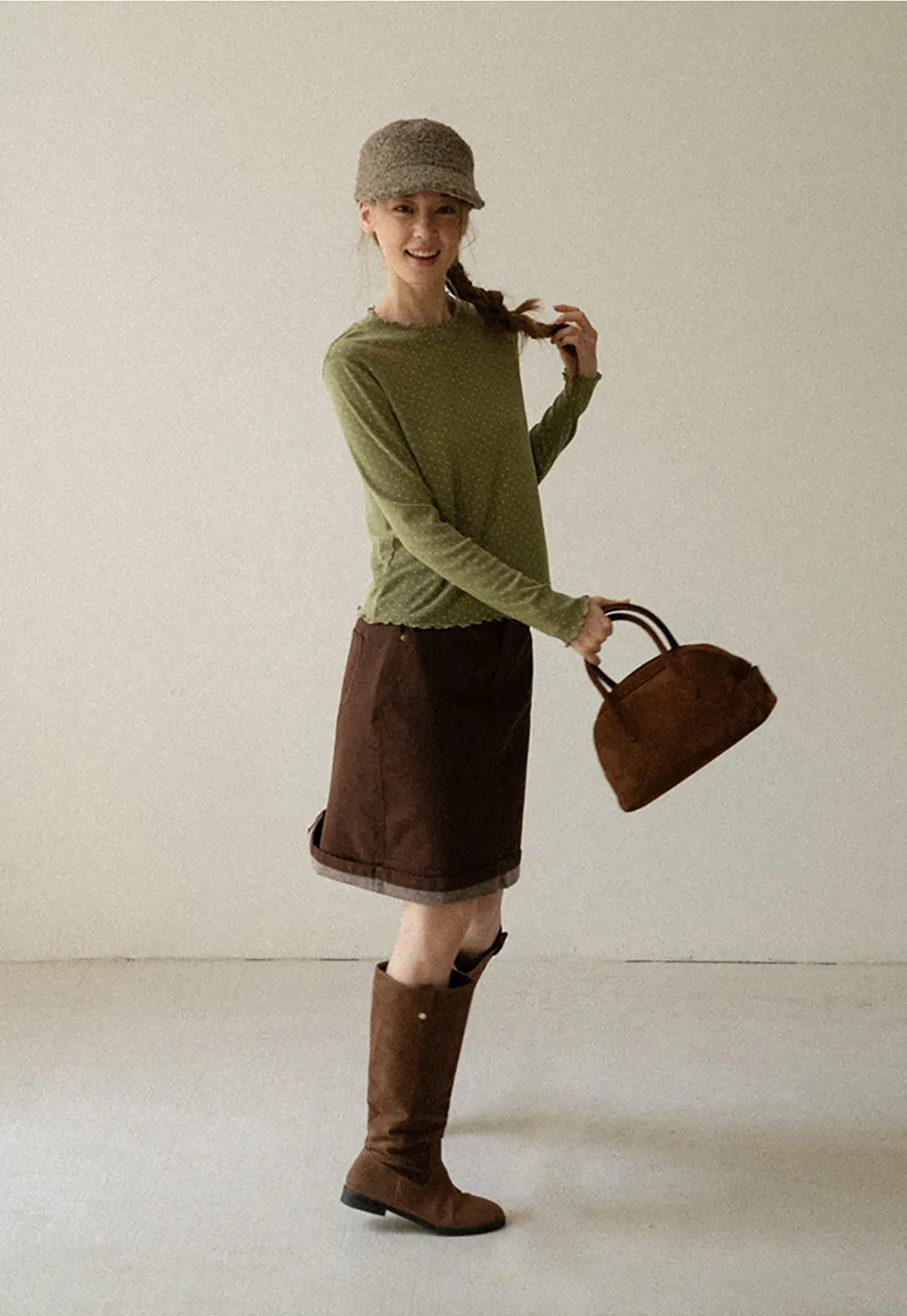 Rolled Hem Denim A-Line Skirt