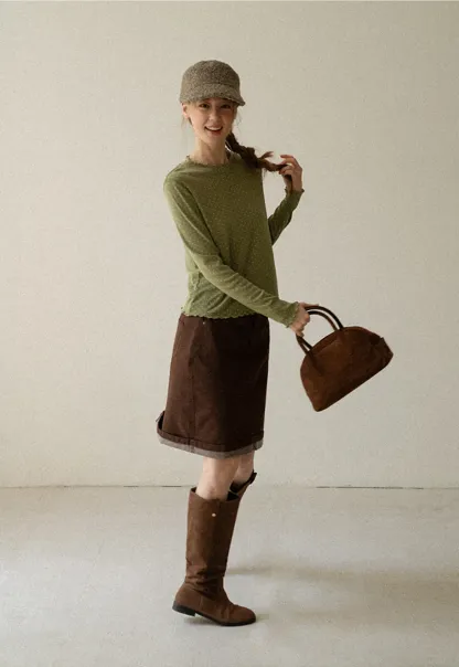 Rolled Hem Denim A-Line Skirt