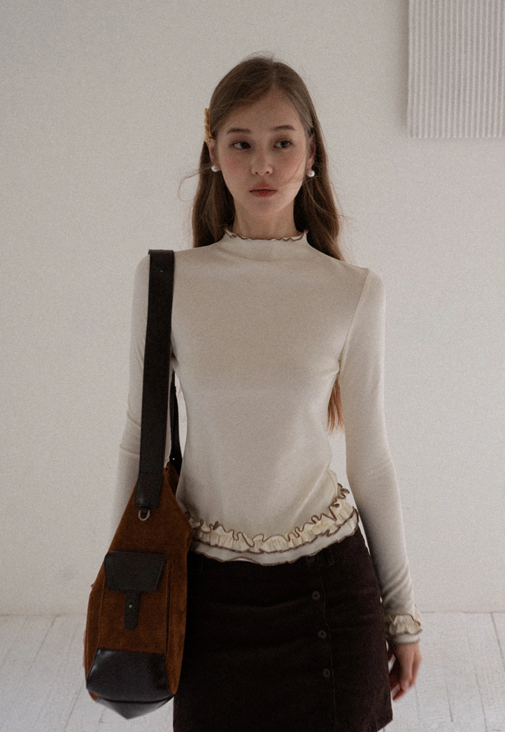 Ruffle Trim Mock Neck Long Sleeve Top